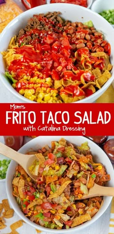 two bowls filled with taco salad on top of a table