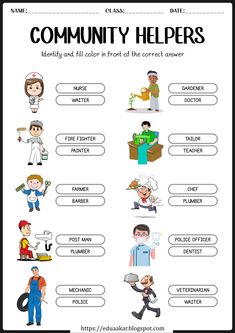 the community helpers worksheet is shown in this graphic file, which shows people who