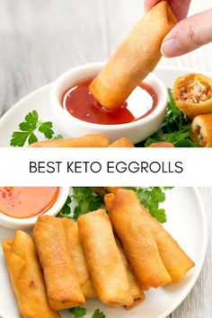 two images showing different types of egg rolls on a plate with dipping sauce and the same one