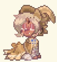 an image of a pixel art style character with big eyes and long hair, wearing a hat