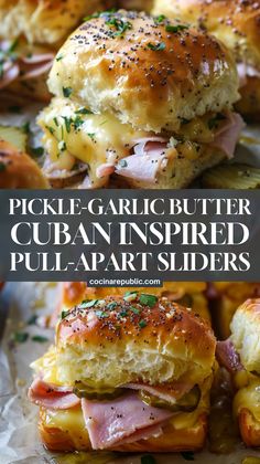 Pickle-garlic butter cuban-inspired pull-apart sliders are a delicious option for your Superbowl party or tailgate menu. Made with ham, cheese, and a tangy pickle-garlic butter glaze, these sliders are easy to make and great for sharing. They work perfectly as football food appetizers, simple finger foods, or part of your game-day spread. Whether you're looking for slider recipes, Superbowl food, or quick appetizers, these ham and cheese sliders are a great addition to the table! Pull Apart Sandwich Recipes, Easy Appetizers Sliders, Best Super Bowl Finger Foods, Superbowl Recipes Easy, Air Fryer Party Appetizers, 2pm Party Food, Easy Appetizer Sandwiches, Pull Apart Hawaiian Roll Sliders, Party Food Superbowl