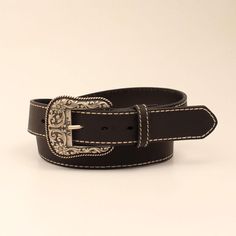 This classic Western leather belt is designed with heavy stitched edges and a beautiful Ariat buckle. The perfect accessory to make all your outfits complete. Accent stitch belt | Women's Accent stitch belt in Black Leather, Size: XL by Ariat Classic Adjustable Embroidered Belt, Black Leather Embroidered Belt Buckles, Black Western Style Embroidered Belt, Western Black Embroidered Belt, Western Leather Belt, Cowgirl Belts, Fashion Identity, Western Wear For Women, Studded Belt