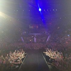 a crowd of people at a concert with their hands in the air and one person standing on a stage