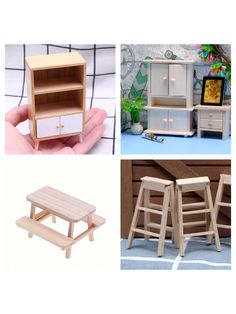 four different wooden furniture pieces including a stool, table and shelf with drawers on each side