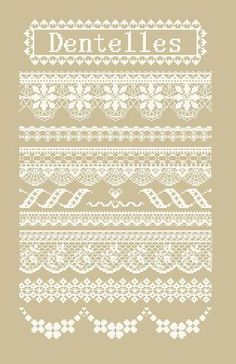 a cross stitch pattern with the words dentiels on it in white and beige