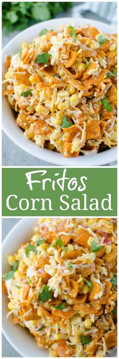 two pictures of fried corn salad in white bowls