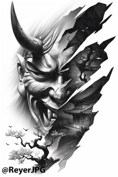 a black and white drawing of a demon mask