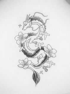 a dragon and cross tattoo design on the back of a woman's neck,