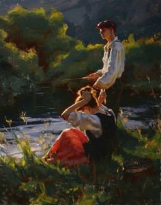 a painting of two people fishing in the water