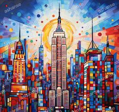 a painting of the empire building in new york city, with colorful colors and shapes