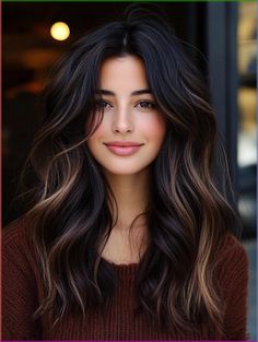 Black Hair With Chestnut Balayage, Fall Hair Coloring For Brunettes, Balayage Hair Fall 2024, Dark Hair Options, Burnett Fall Hair, Dark Hair Color For Brunettes, Fall Hair For Asians, Bayalage Vs Ombre, Latina Fall Hair Colors