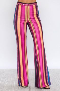 Demi Flare Scuba Multi-Colored Strip Print Pant - STEVEN WICK Tie Up Crop Top, Print Pant, Crochet Pants, Cute Pants, Island Vibes, Pants Large, Online Fashion Boutique, Fashion Design Clothes, Women's Shirts