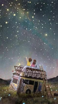 two people are sitting on top of a bus under the stars in the night sky