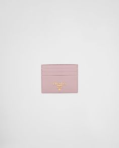 Metal lettering logo Six card slots One inside pocket Moire and Saffiano leather lining Prada Card Holder, Metal Lettering, Small Leather Wallet, Prada Saffiano, Lettering Logo, Leather Card Holder, Card Holder Wallet, Powder Pink, Card Holder Leather