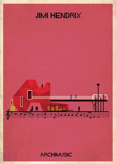 a red poster with music notes on it and an image of a house in the background