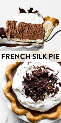 two different types of pies with chocolate shaving on top and the same one has whipped cream