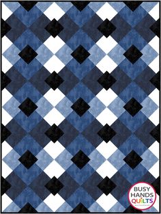 a blue and white checkered pattern with black squares on it's sides, as well as the words busy quilts