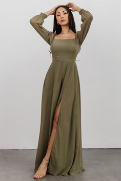 Giselle Maxi Dress | Dusty Olive | Baltic Born Olive Green Wedding Guest Outfit, Long Sleeve Olive Green Dress, Fall Black Tie Wedding Guest Dress, Long Green Bridesmaid Dresses, Olive Green Bridesmaid Dresses, Black Tie Wedding Guest Dress, Long Sleeve Bridesmaid Dress, Fancy Event, Olive Green Dress