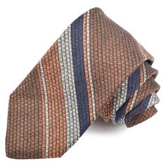 Mocha, Melon, and Navy Heather Tone Multi Bar Stripe Silk, Linen, and Cotton Woven Tie by Dion Neckwear Luxury Striped Ties, Luxury Striped Business Ties, Silk Linen, Stripe Silk, Cotton Weaving, Melon, Mocha, 1 2 3, Color Combinations