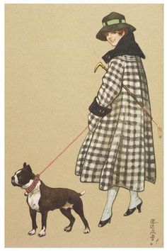 a drawing of a woman in a dress and hat walking a dog on a leash