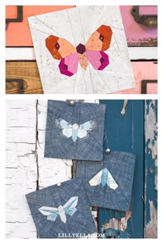 three different pictures of butterfly quilts hanging on the wall