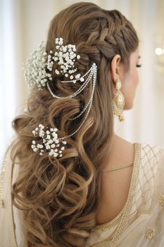 a woman with long hair in a wedding hairstyle