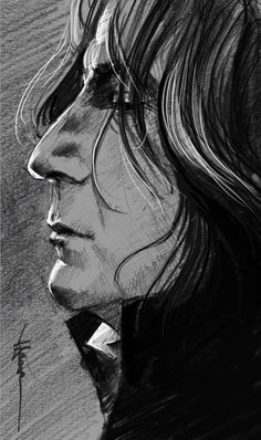 a black and white drawing of a man with long hair