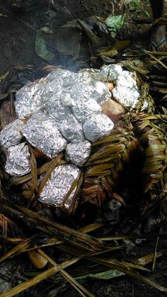 a pile of silver nuggets sitting on top of dry grass next to a fire