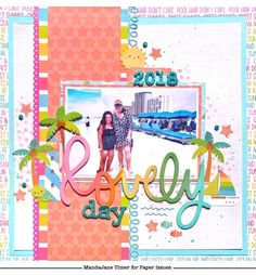 a scrapbook page with an image of two people on the beach and palm trees