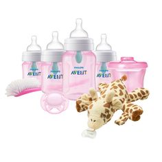 the baby bottles are pink and have giraffes on it's side