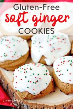 gluten - free soft ginger cookies with white frosting and sprinkles