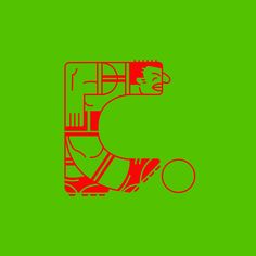 the letter e is made up of red and black letters on a green background with an image of a man's face