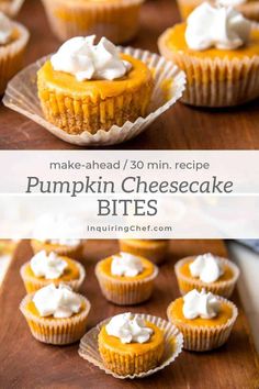 pumpkin cheesecake bites with whipped cream on top and in the background are small cupcakes