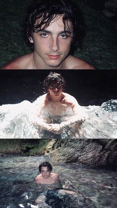 two different shots of a man in the water with his hands on his chest, and an image of him swimming