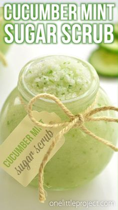 cucumber mint sugar scrub in a jar with a tag on it