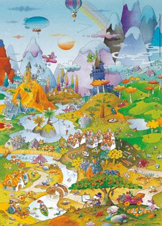 an image of a colorful landscape with lots of trees and animals on it, including hot air balloons in the sky