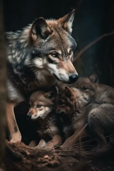 two adult wolfs and one baby are standing in the dark woods with their mother