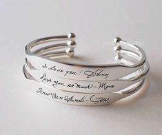 Handwriting Signature, Personalized Cuff Bracelets, Surprise Ideas, Custom Cuff Bracelet, Silver Engraved Bracelet, Engraved Cuff, Mom Ideas, Metal Stamped Jewelry