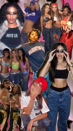 the collage shows many different women in various outfits and poses, including one woman with her hands up to her face