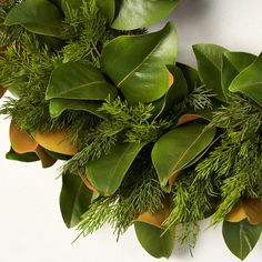 a wreath made out of green leaves and oranges on a white surface with greenery