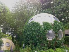 an unusual looking building with ivy growing on it's face in the middle of a park