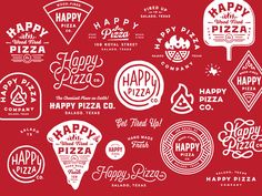 the happy pizza company logo is shown in white on a red background with other logos