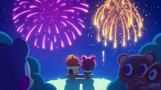 two people are sitting on a bench watching fireworks in the night sky with teddy bears