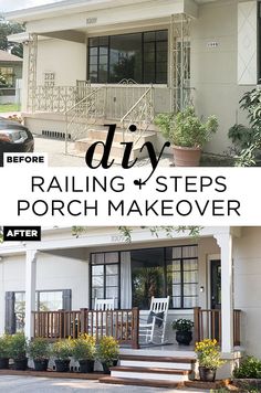 a porch makeover with the words diy on it and an image of a house