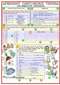 the present continuous tense worksheet is shown in red and white with green stars