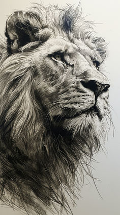 A stunning and detailed portrait drawing of a lion showcasing its majestic mane and commanding presence. Lion Art Drawing Sketches, Lion Artwork Drawing, Lion Side Profile Drawing, Wavy Hair Oval Face, Lion Drawing Ideas, Lion Side Profile, Tattoo In Arm, Majestic Lion Tattoo, Lion Mane Drawing