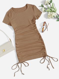 Khaki Elegant Collar Short Sleeve Fabric Plain Bodycon Embellished High Stretch Summer Women Clothing Cute Dress Outfits, Shein Outfits, Khaki Fashion, Cute Preppy Outfits, Ruched Bodycon Dress, Simple Trendy Outfits, Looks Chic, Really Cute Outfits