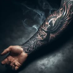 Ai Art! Phönix Tattoo Forearm, Sleeve And Hand Tattoo For Men, Phoenix Leg Tattoo Men, Coverup Tattoo Ideas For Men Forearm, Mens Elbow Tattoo Ideas, Fenix Tattoo Men, Phoenix Hand Tattoo, Forearm Phoenix Tattoo For Men, Outer Forearm Tattoo Men