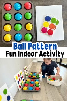 Easy activity for kids using plastic balls and muffin pans. This simple to make game will keep kids entertained for hours. Ball Activity, Pre K Homeschool, Learning Games For Preschoolers, Train Crafts, Daycare Rooms, Fun Learning Games, Activity For Preschoolers, Pattern Game