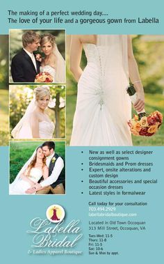 a flyer for a wedding with photos and text on the front, including an image of a bride and groom